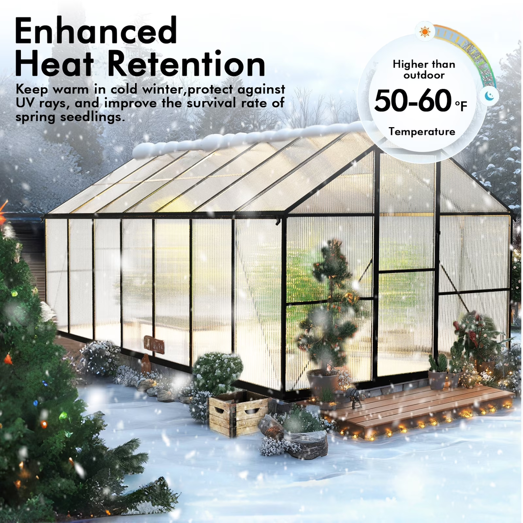 Sanerto 8x14FT Heavy-Duty Walk-in Outdoor Greenhouse for Garden, Reinforced Aluminum Frame, UV-Resistant Polycarbonate Panels, All-Weather Design for Winter Planting