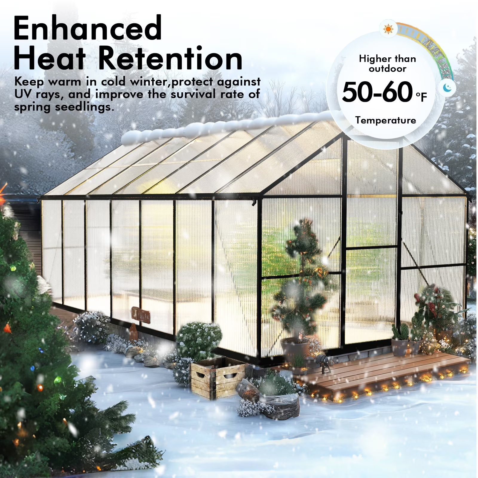 Sanerto 8x14FT Heavy-Duty Walk-in Outdoor Greenhouse for Garden, Reinforced Aluminum Frame, UV-Resistant Polycarbonate Panels, All-Weather Design for Winter Planting