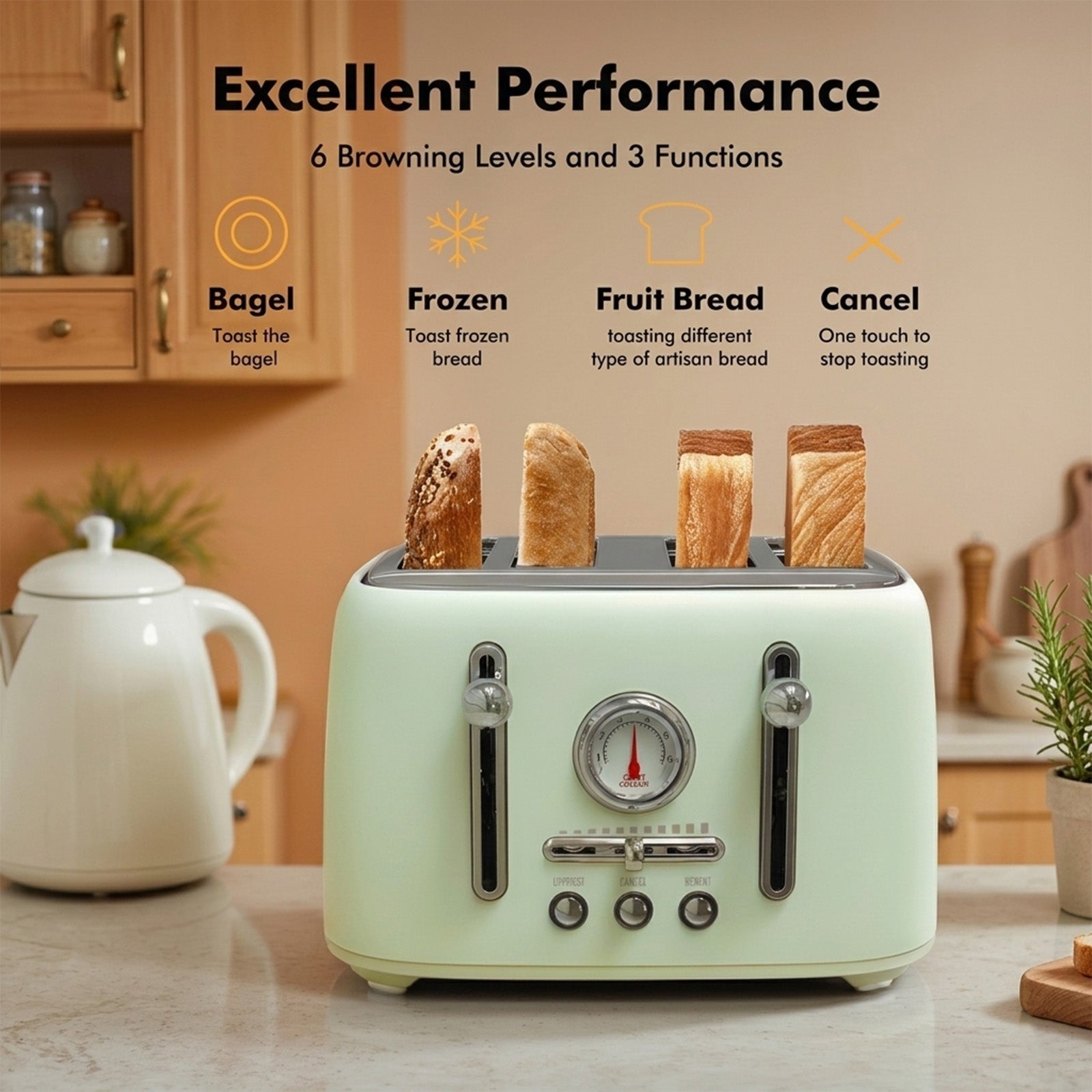 Sanerto 4-Slice Toaster, 1.6" Extra Wide Slots, 6 Browning Levels, Bagel/Defrost, Stainless Steel, Green
