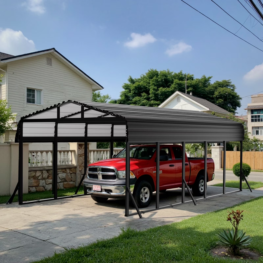 Sanerto 12x25FT Heavy Duty Metal Carport, Outdoor All-Weather Shelter with Iron Roof, Durable Canopy for Cars, Trucks, Boats & Equipment, Easy Quick Assembly