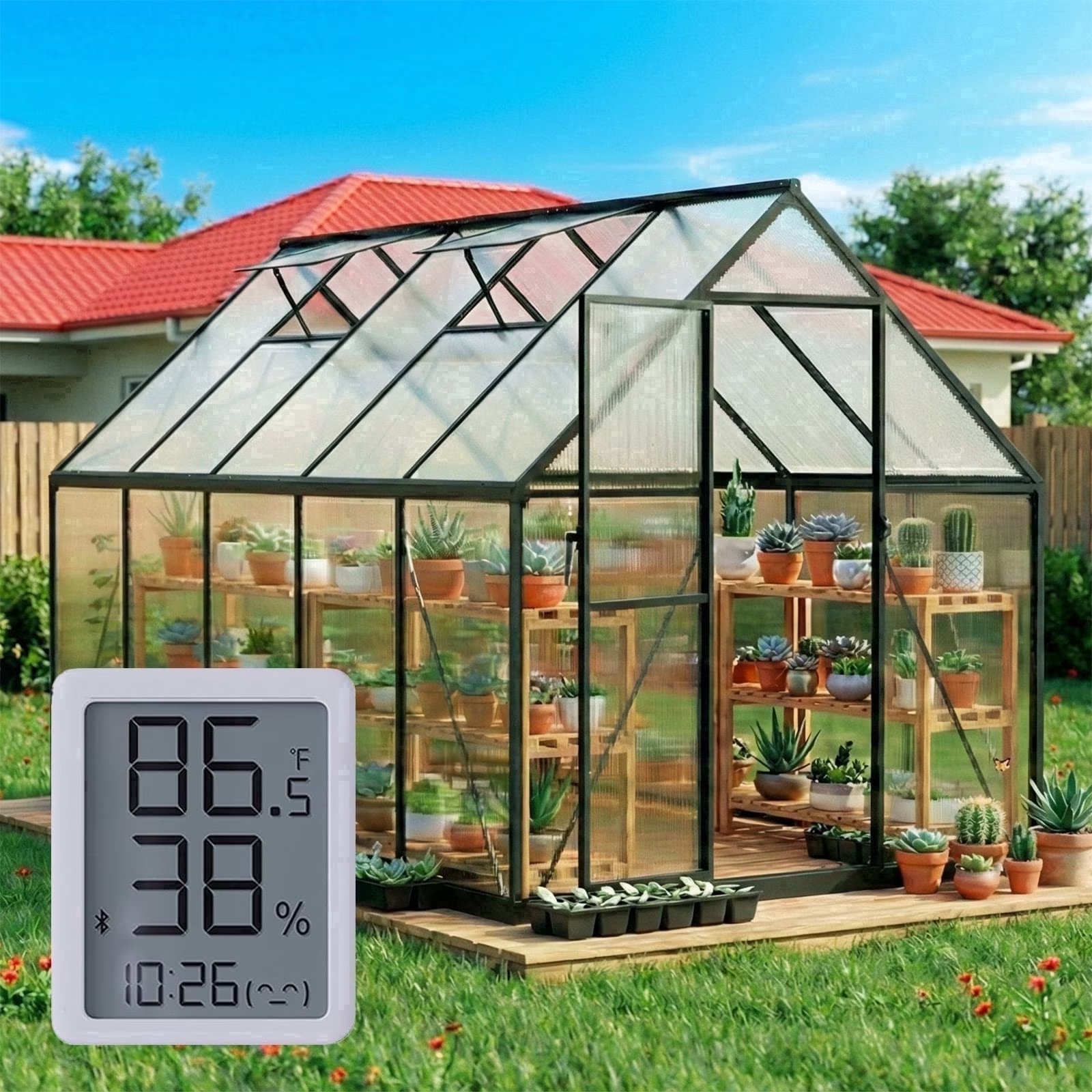 Sanerto 6x10ft Outdoor Walk-in Greenhouse with Thermometer Hygrometer, Heavy-Duty Polycarbonate Green House with Reinforced Aluminum Frame for Garden, Backyard, and Winter Planting