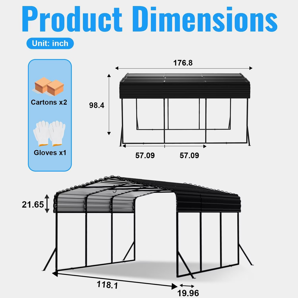 Sanerto 10x15FT Heavy Duty Metal Carport, Outdoor All-Weather Shelter with Iron Roof, Durable Canopy for Cars, Trucks, Boats & Equipment, Easy Quick Assembly