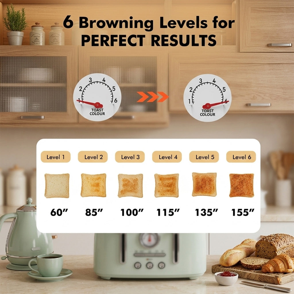 Sanerto 4-Slice Toaster, 1.6" Extra Wide Slots, 6 Browning Levels, Bagel/Defrost, Stainless Steel, Green