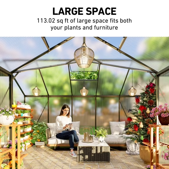 Sanerto 12X12FT T-Shape Heavy Duty Walk-in Greenhouse, Windproof Aluminum Structure, Adjustable Roof Vents, Built-in Thermometer Hygrometer, Easy Assembly for Backyard Garden