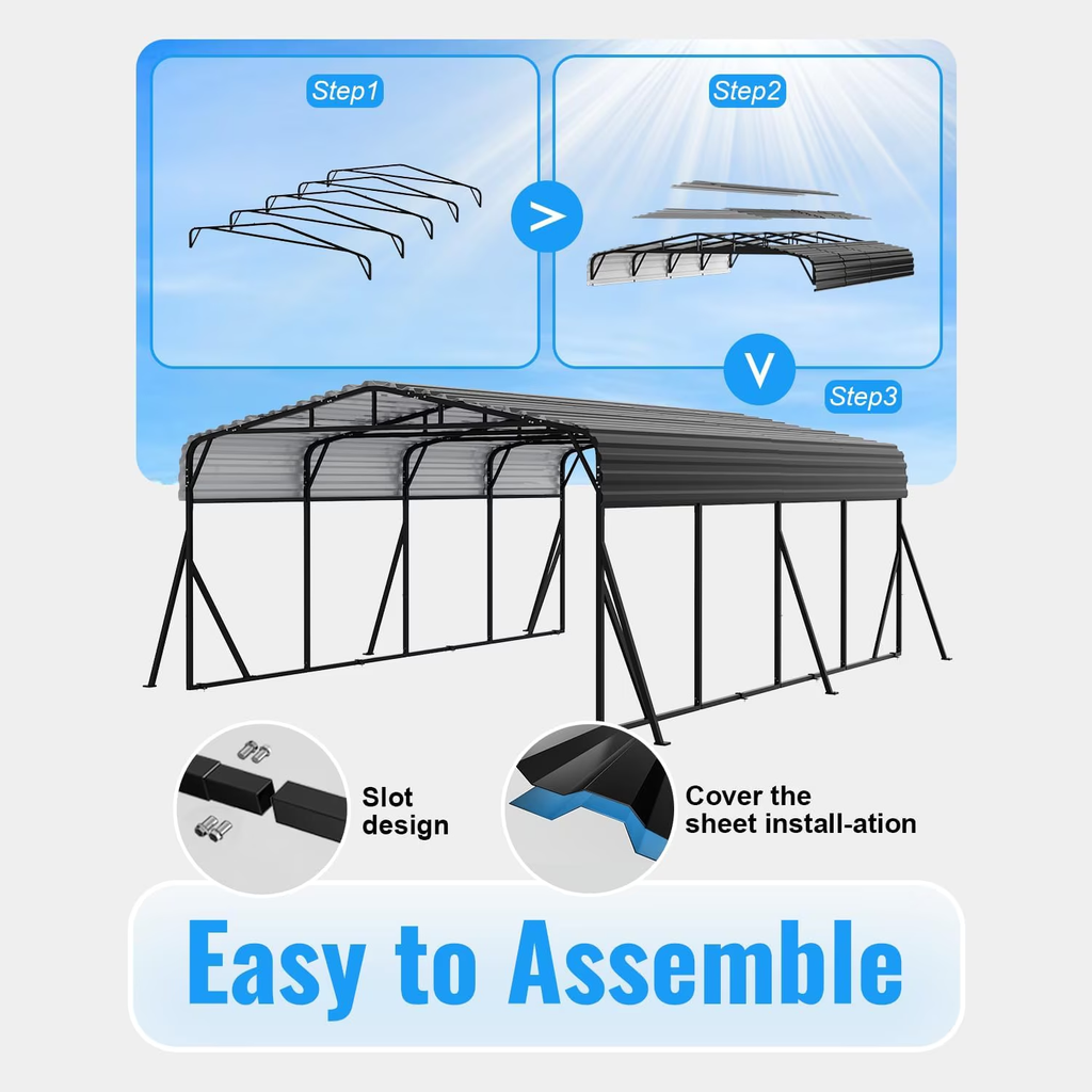 Sanerto 20x20FT Heavy Duty Metal Carport, Outdoor All-Weather Shelter with Iron Roof, Durable Canopy for Cars, Trucks, Boats & Equipment, Easy Quick Assembly