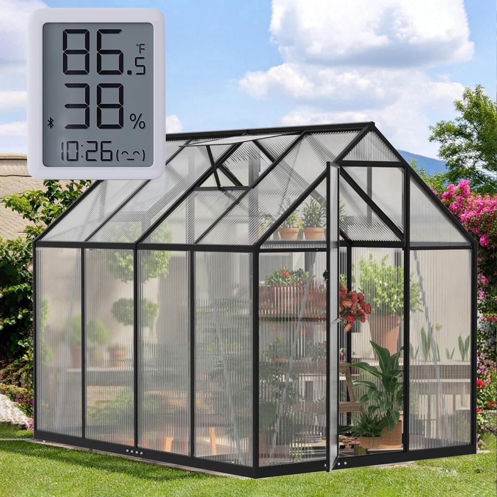 Sanerto 6x7.5FT Heavy-Duty Walk-in Outdoor Greenhouse, Reinforced Aluminum Frame, UV-Resistant Polycarbonate Panels, Built-in Thermometer & Hygrometer, All-Weather Garden Greenhouse
