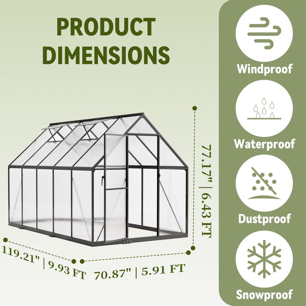 Sanerto 6x10ft Outdoor Walk-in Greenhouse with Thermometer Hygrometer, Heavy-Duty Polycarbonate Green House with Reinforced Aluminum Frame for Garden, Backyard, and Winter Planting