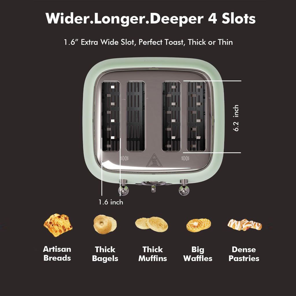 Sanerto 4-Slice Toaster, 1.6" Extra Wide Slots, 6 Browning Levels, Bagel/Defrost, Stainless Steel, Green