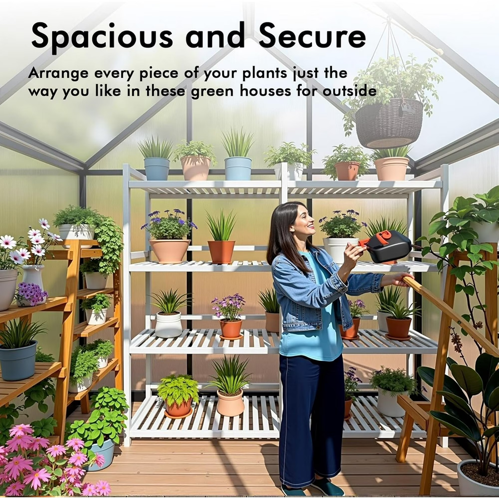 Sanerto 6x7.5FT Heavy-Duty Walk-in Outdoor Greenhouse, Reinforced Aluminum Frame, UV-Resistant Polycarbonate Panels, Built-in Thermometer & Hygrometer, All-Weather Garden Greenhouse