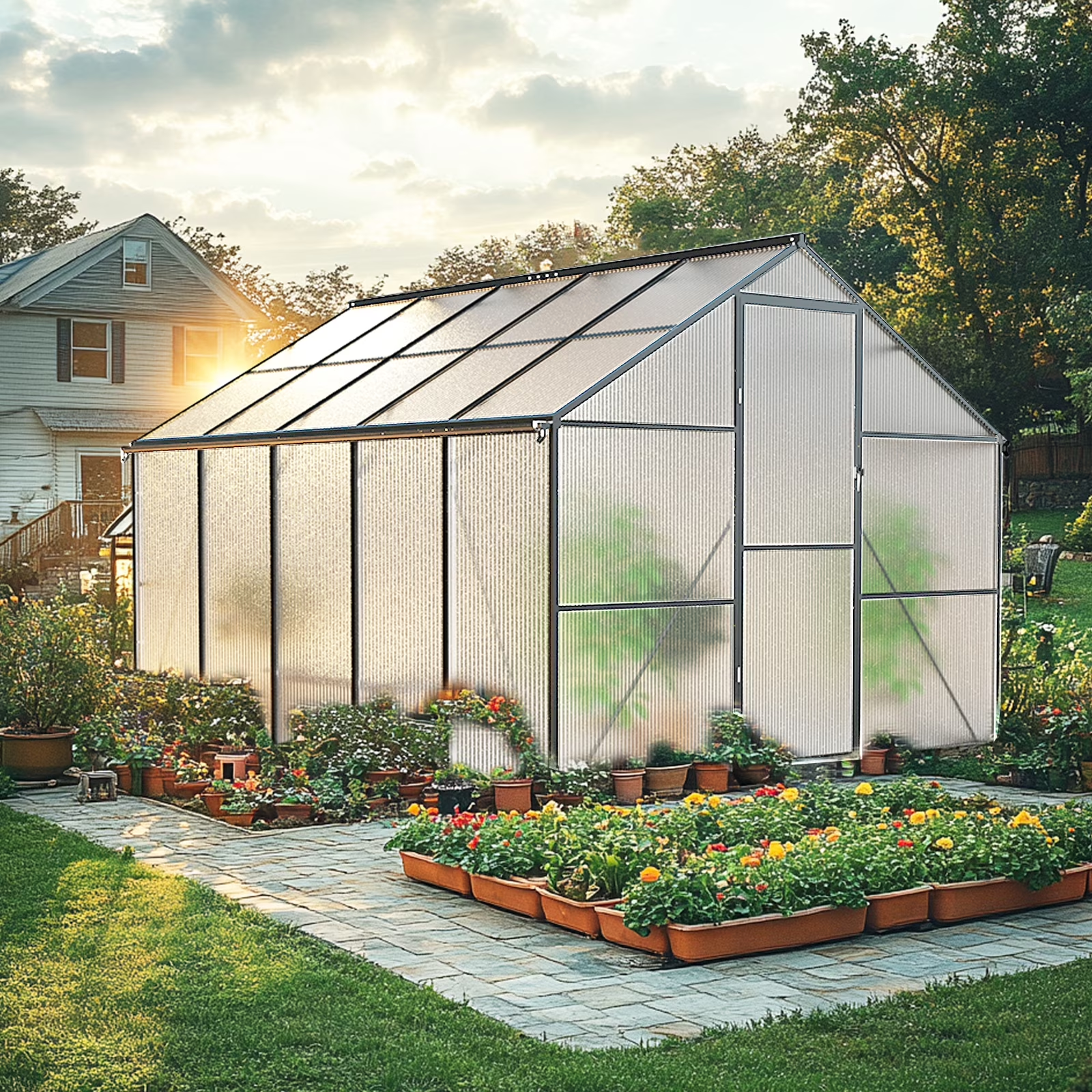 Sanerto 8x10FT Heavy-Duty Walk-in Outdoor Greenhouse, Reinforced Aluminum Frame, UV-Resistant Polycarbonate Panels, Built-in Thermometer & Hygrometer, All-Weather Garden Greenhouse