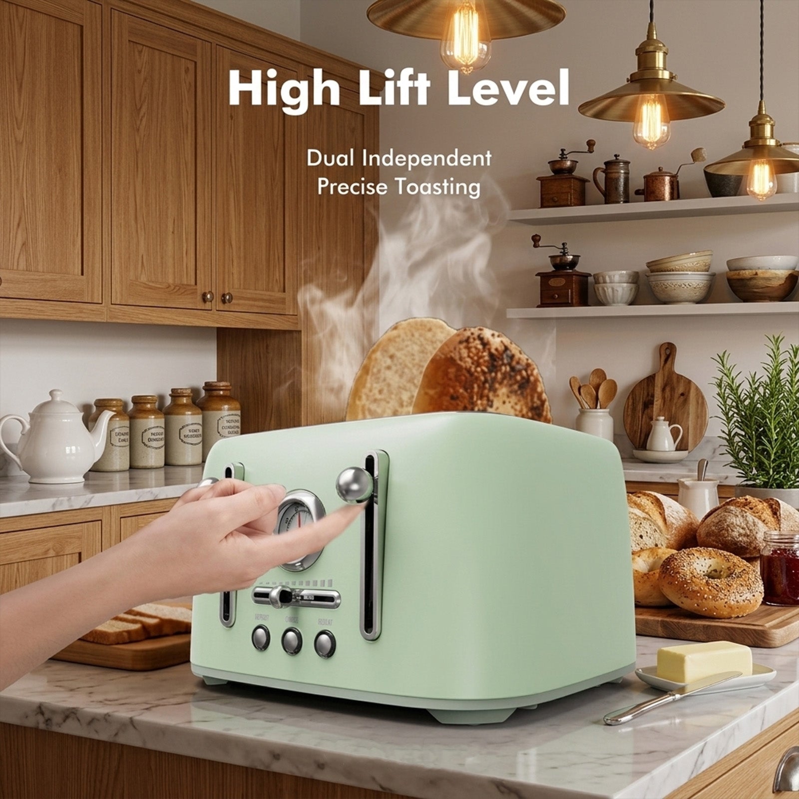 Sanerto 4-Slice Toaster, 1.6" Extra Wide Slots, 6 Browning Levels, Bagel/Defrost, Stainless Steel, Green