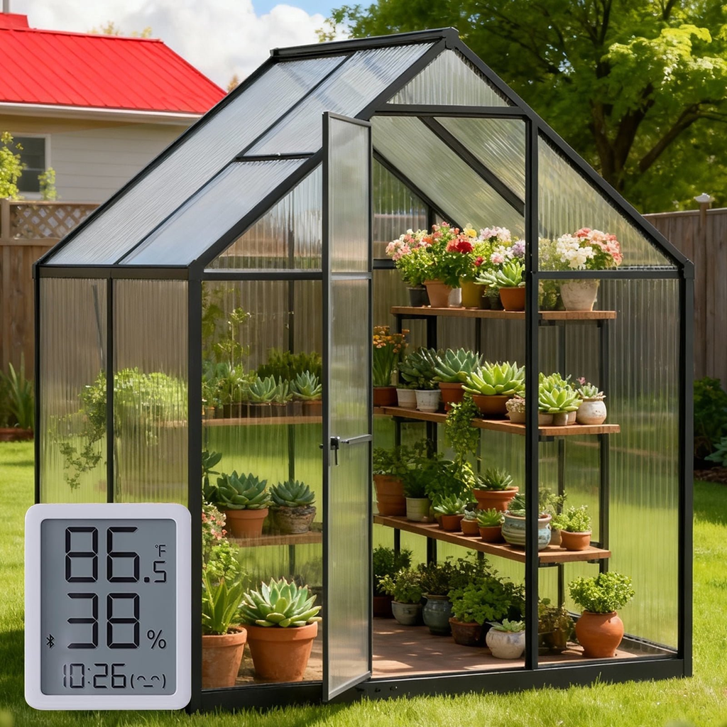 Sanerto 6x4FT Walk-in Outdoor Greenhouse for Garden Heavy-Duty，Reinforced Aluminum Frame, UV-Resistant Polycarbonate Panels, Built-in Thermometer & Hygrometer, All-Weather Durable Plant House