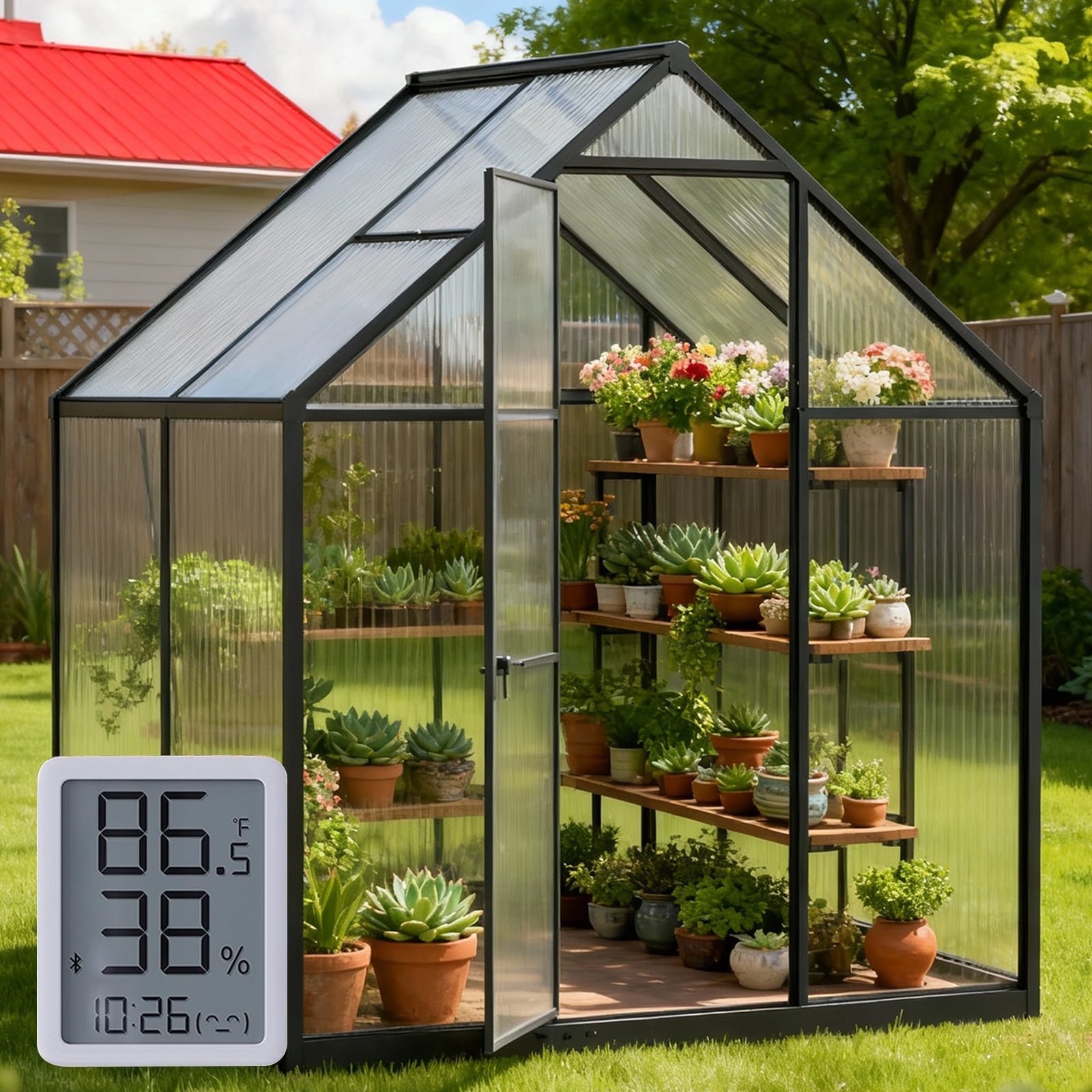 Sanerto 6x4FT Walk-in Outdoor Greenhouse for Garden Heavy-Duty，Reinforced Aluminum Frame, UV-Resistant Polycarbonate Panels, Built-in Thermometer & Hygrometer, All-Weather Durable Plant House