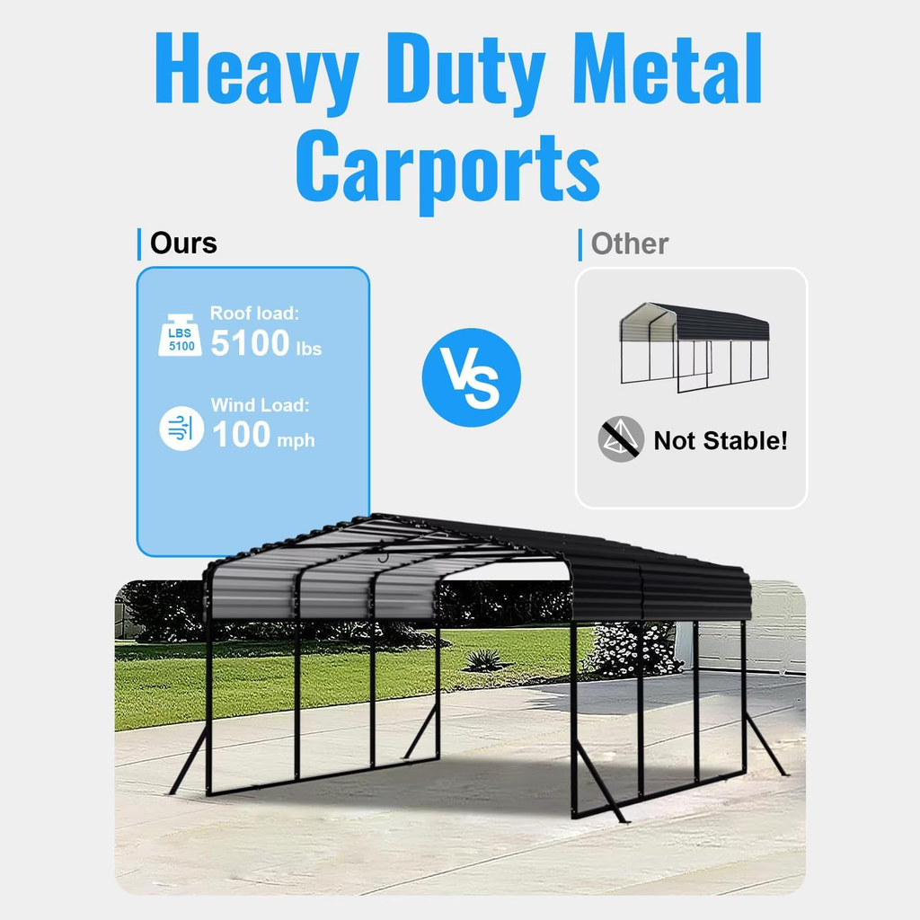 Sanerto 10x15FT Heavy Duty Metal Carport, Outdoor All-Weather Shelter with Iron Roof, Durable Canopy for Cars, Trucks, Boats & Equipment, Easy Quick Assembly