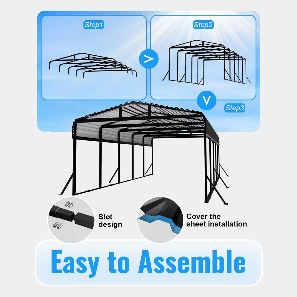 Sanerto 12x25FT Heavy Duty Metal Carport, Outdoor All-Weather Shelter with Iron Roof, Durable Canopy for Cars, Trucks, Boats & Equipment, Easy Quick Assembly