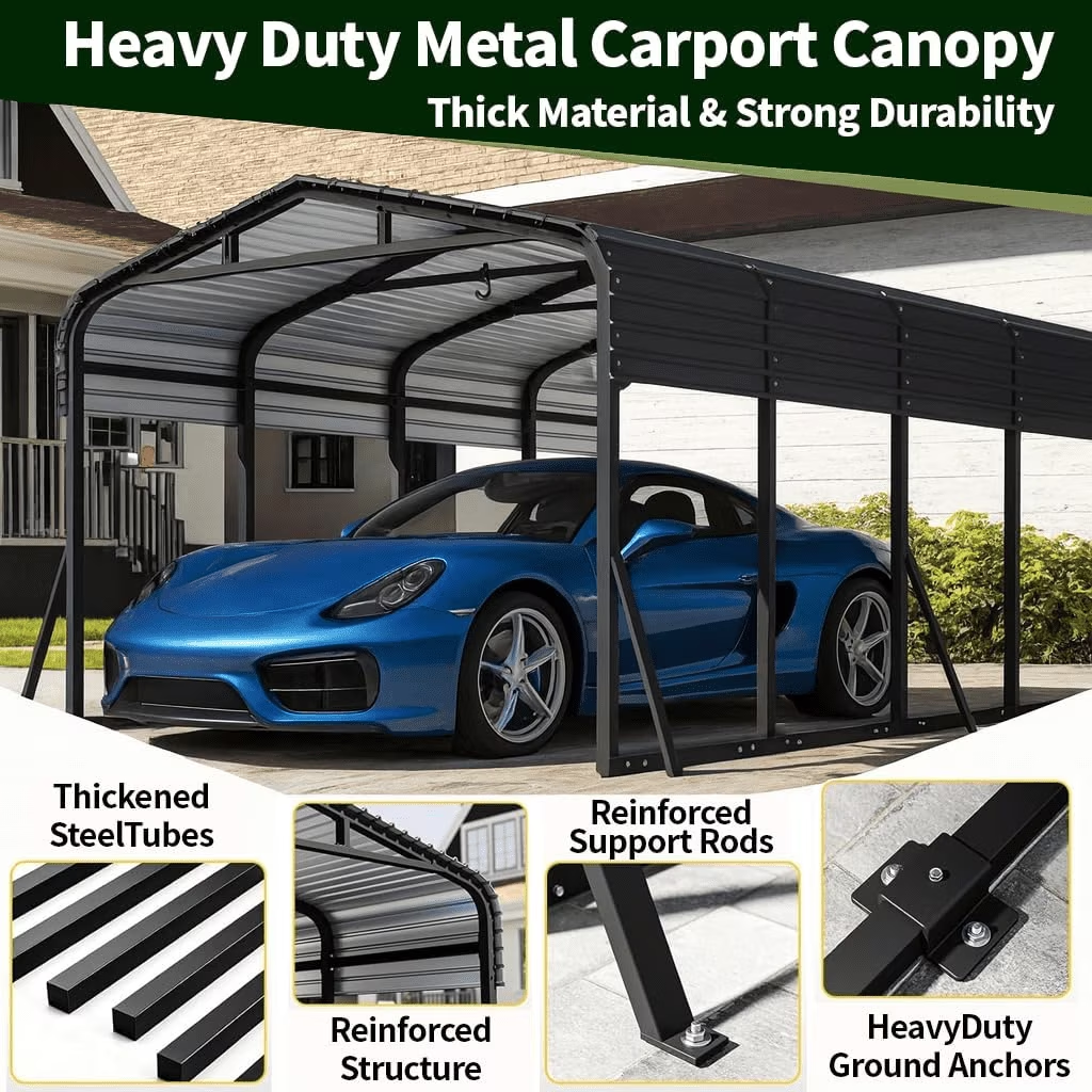 Sanerto 12x20FT Heavy Duty Metal Carport, Outdoor All-Weather Shelter with Iron Roof, Durable Canopy for Cars, Trucks, Boats & Equipment, Easy Quick Assembly