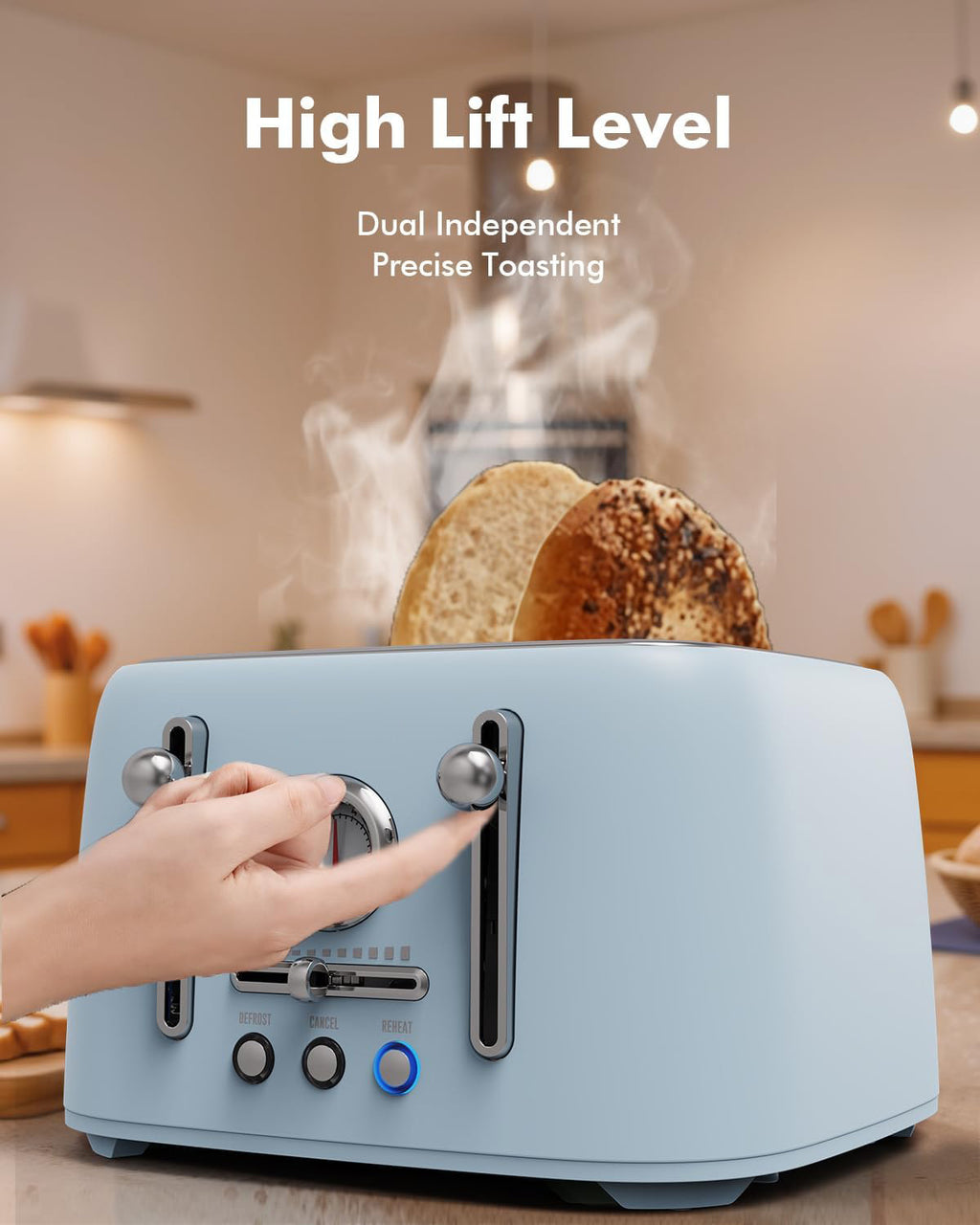 Sanerto 4-Slice Toaster, 1.6" Extra Wide Slots, 6 Browning Levels, Bagel/Defrost, Stainless Steel, Blue