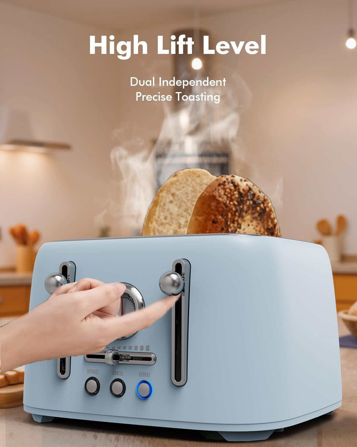 Sanerto 4-Slice Toaster, 1.6" Extra Wide Slots, 6 Browning Levels, Bagel/Defrost, Stainless Steel, Blue