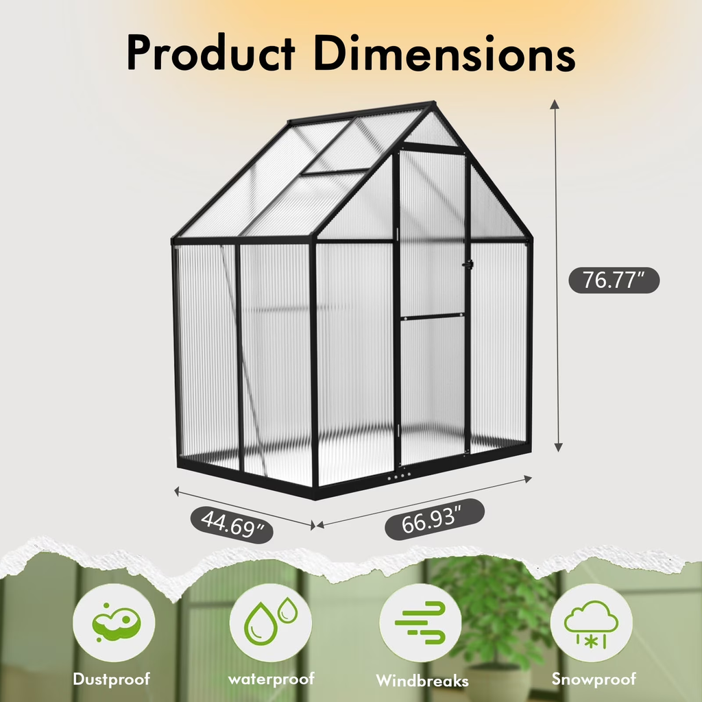 Sanerto 6x4FT Walk-in Outdoor Greenhouse for Garden Heavy-Duty，Reinforced Aluminum Frame, UV-Resistant Polycarbonate Panels, Built-in Thermometer & Hygrometer, All-Weather Durable Plant House