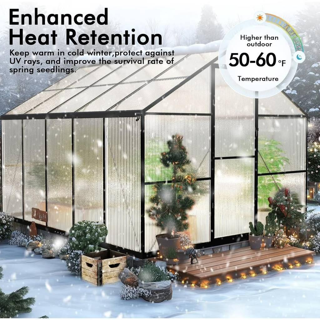 Sanerto 8x10FT Heavy-Duty Walk-in Outdoor Greenhouse, Reinforced Aluminum Frame, UV-Resistant Polycarbonate Panels, Built-in Thermometer & Hygrometer, All-Weather Garden Greenhouse