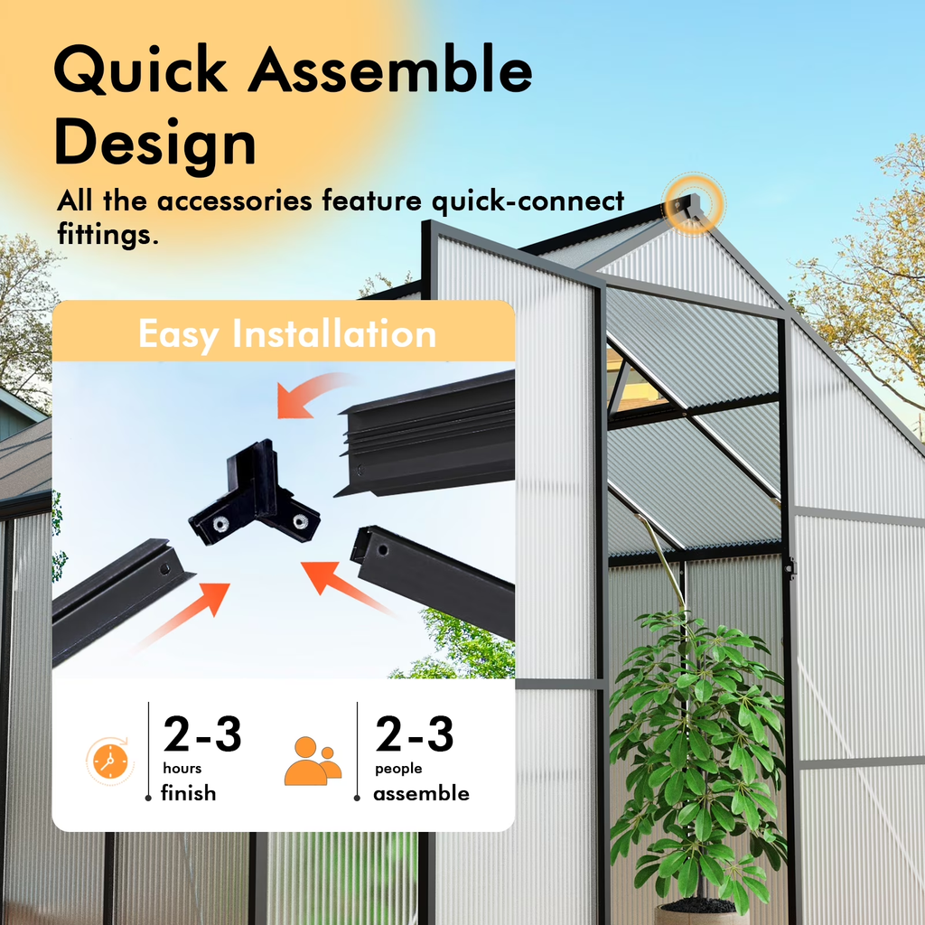 Sanerto 8x14FT Heavy-Duty Walk-in Outdoor Greenhouse for Garden, Reinforced Aluminum Frame, UV-Resistant Polycarbonate Panels, All-Weather Design for Winter Planting