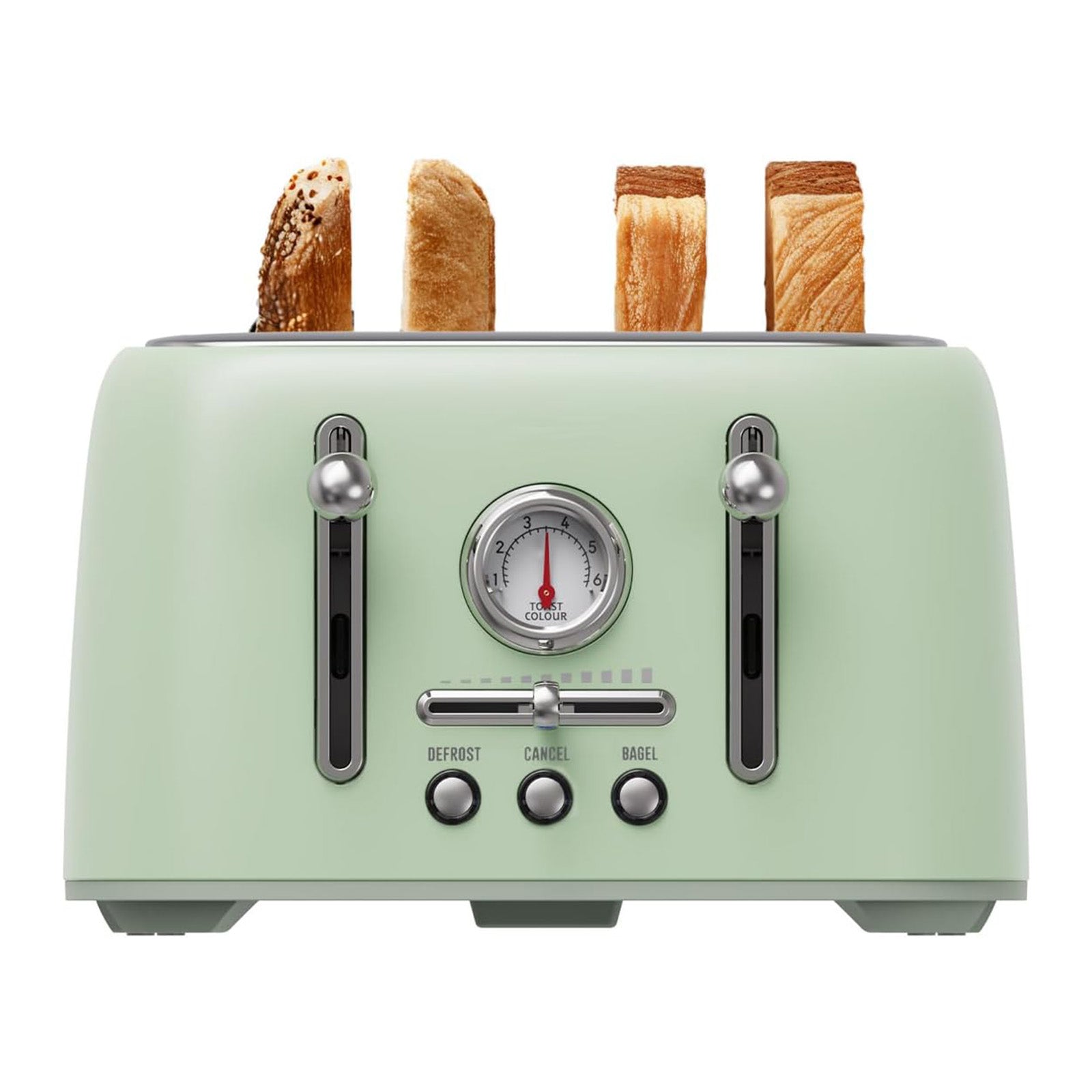 Sanerto 4-Slice Toaster, 1.6" Extra Wide Slots, 6 Browning Levels, Bagel/Defrost, Stainless Steel, Green