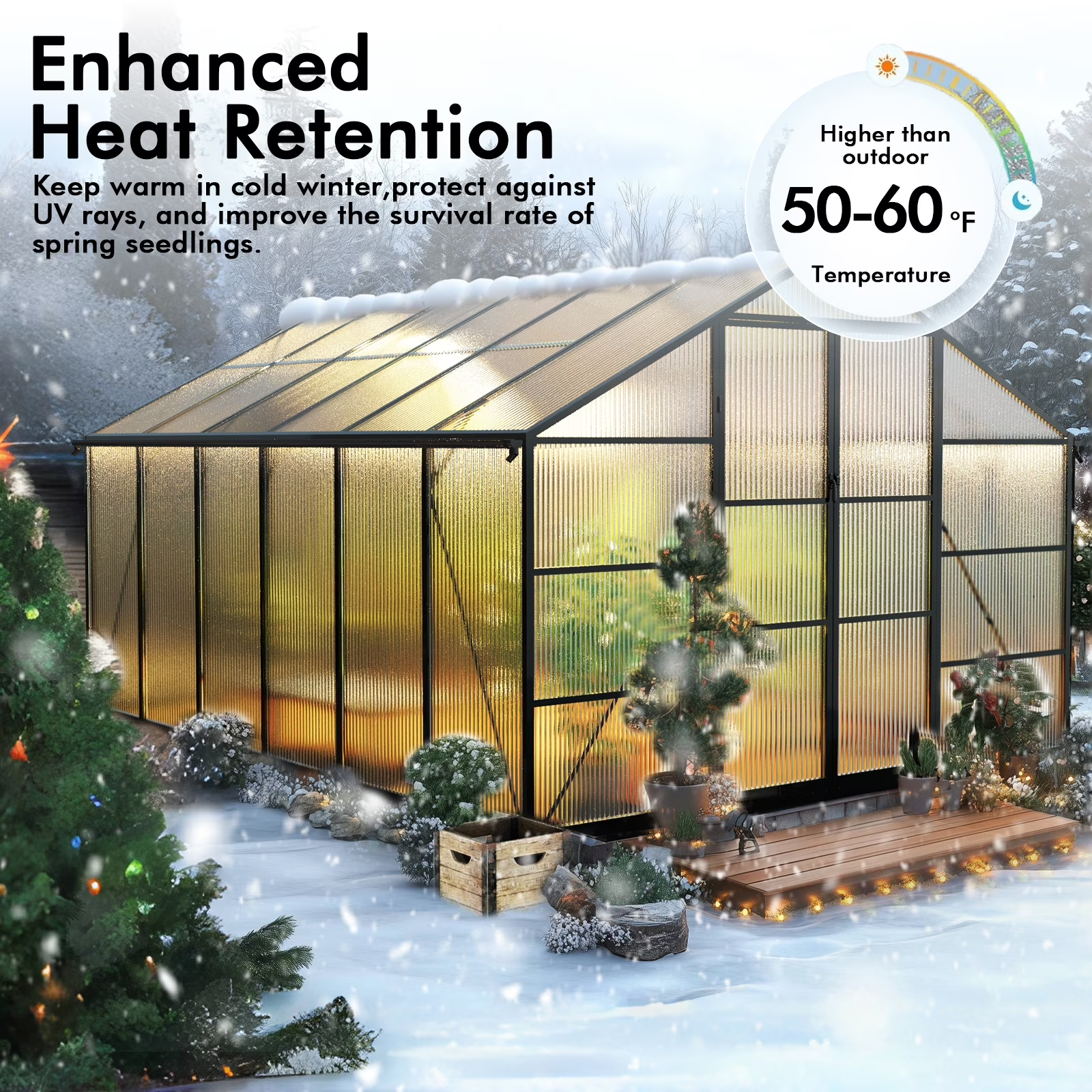 Sanerto 10x12FT Heavy-Duty Walk-in Outdoor Greenhouse, Reinforced Aluminum Frame, UV-Resistant Polycarbonate Panels, Built-in Thermometer & Hygrometer, All-Weather Garden Greenhouse