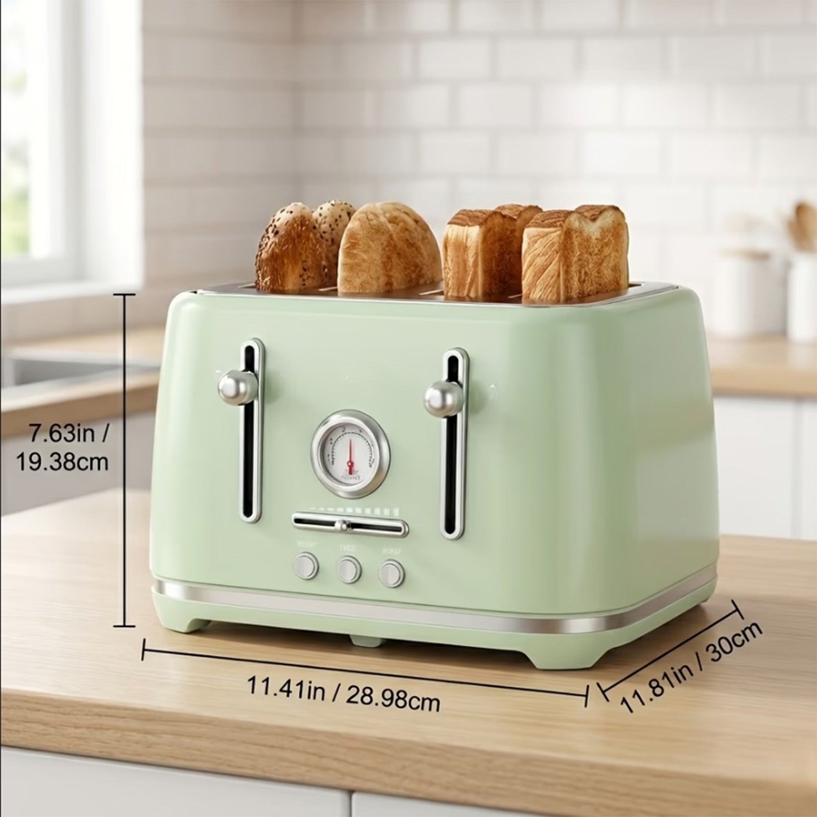 Sanerto 4-Slice Toaster, 1.6" Extra Wide Slots, 6 Browning Levels, Bagel/Defrost, Stainless Steel, Green