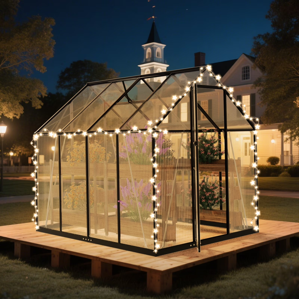 Sanerto 6x7.5FT Heavy-Duty Walk-in Outdoor Greenhouse, Reinforced Aluminum Frame, UV-Resistant Polycarbonate Panels, Built-in Thermometer & Hygrometer, All-Weather Garden Greenhouse