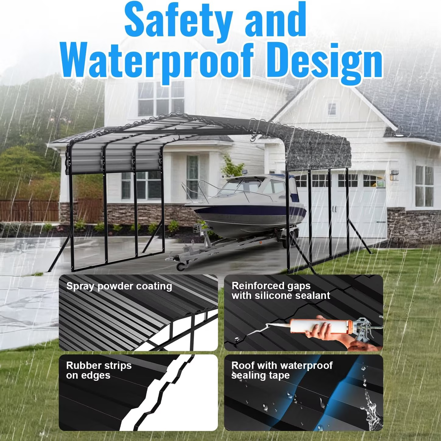 Sanerto 10x15FT Heavy Duty Metal Carport, Outdoor All-Weather Shelter with Iron Roof, Durable Canopy for Cars, Trucks, Boats & Equipment, Easy Quick Assembly