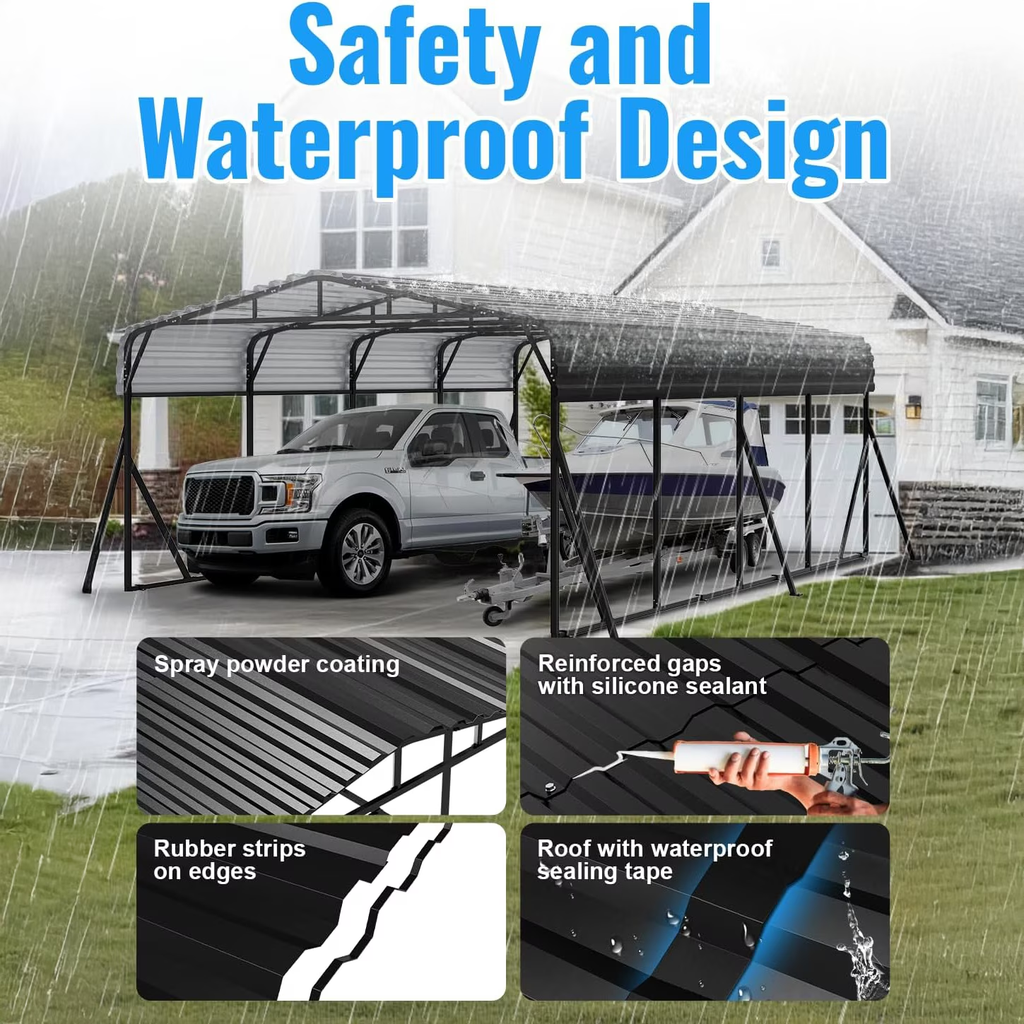 Sanerto 20x20FT Heavy Duty Metal Carport, Outdoor All-Weather Shelter with Iron Roof, Durable Canopy for Cars, Trucks, Boats & Equipment, Easy Quick Assembly