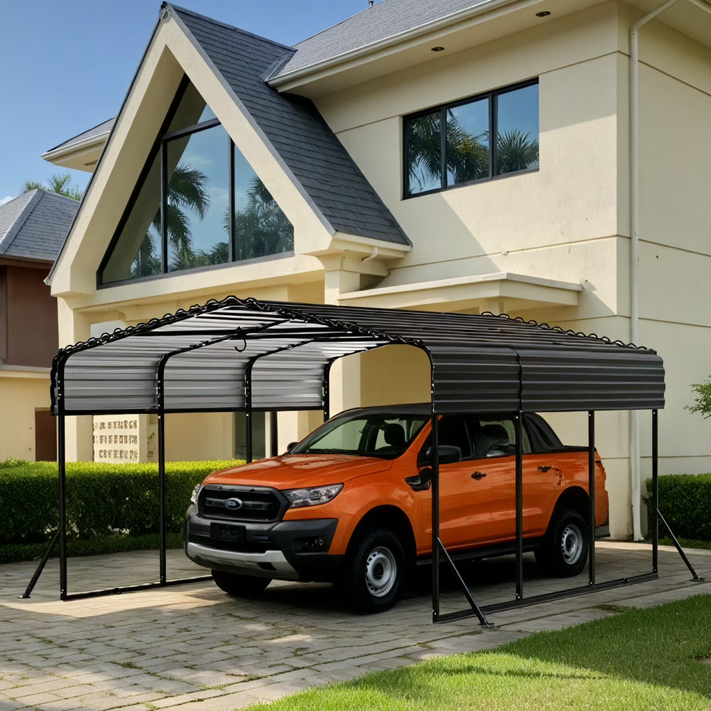 Sanerto 10x15FT Heavy Duty Metal Carport, Outdoor All-Weather Shelter with Iron Roof, Durable Canopy for Cars, Trucks, Boats & Equipment, Easy Quick Assembly