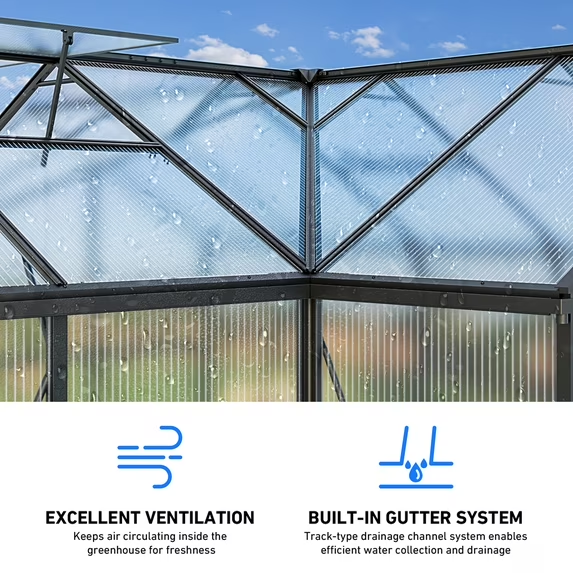 Sanerto 12X12FT T-Shape Heavy Duty Walk-in Greenhouse, Windproof Aluminum Structure, Adjustable Roof Vents, Built-in Thermometer Hygrometer, Easy Assembly for Backyard Garden