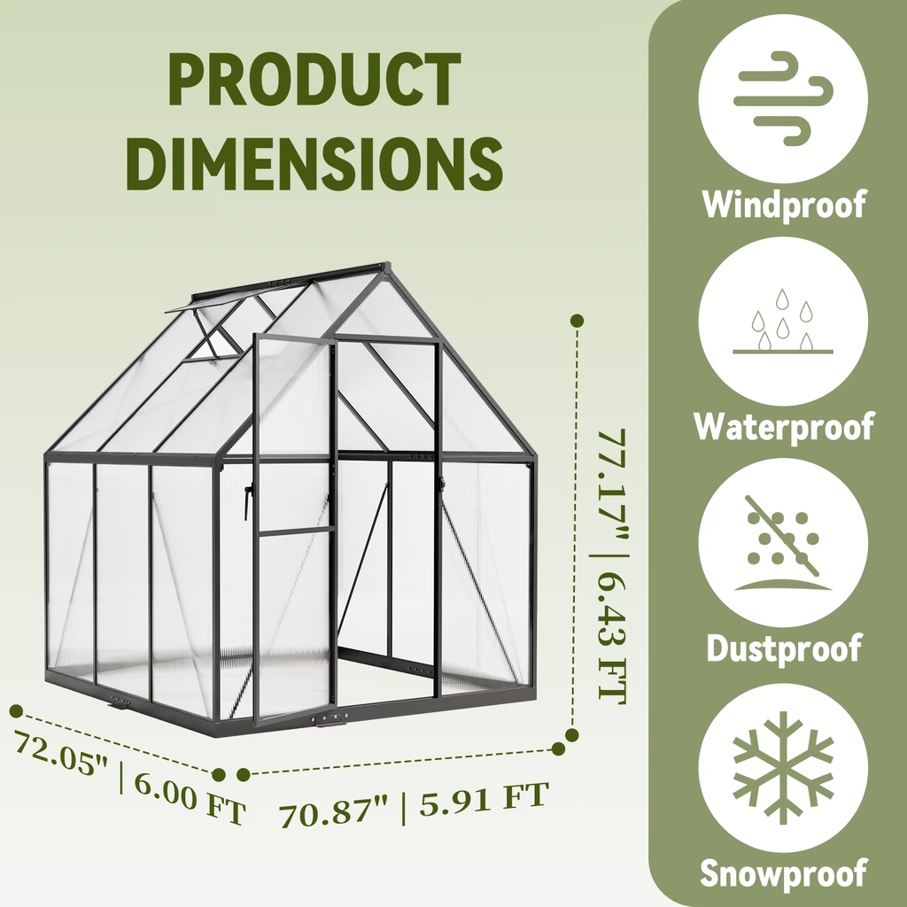 Sanerto 6x6ft Outdoor Walk-in Greenhouse with Thermometer Hygrometer, Heavy-Duty Polycarbonate Green House with Reinforced Aluminum Frame for Garden, Backyard, and Winter Planting