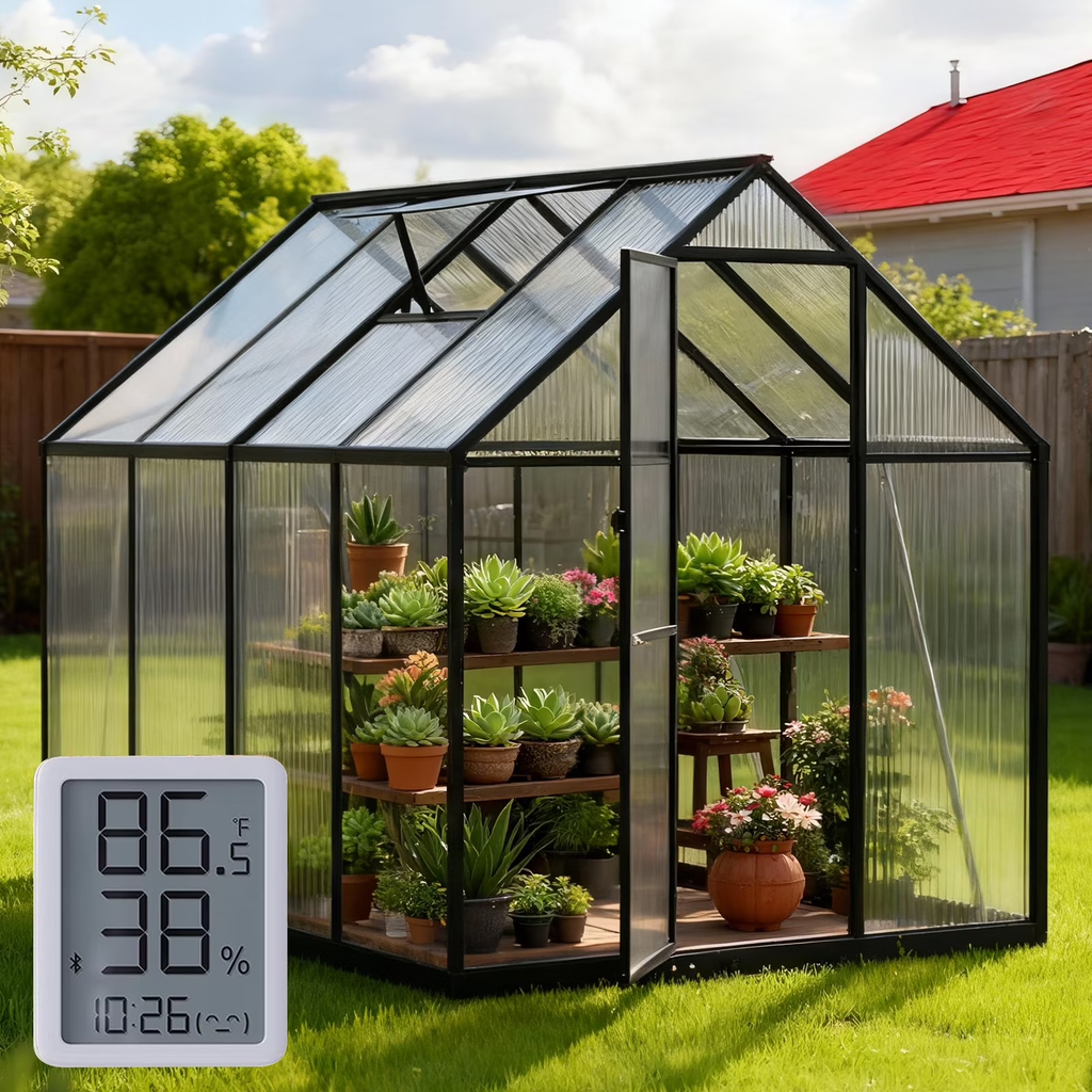 Sanerto 6x7.5FT Heavy-Duty Walk-in Outdoor Greenhouse, Reinforced Aluminum Frame, UV-Resistant Polycarbonate Panels, Built-in Thermometer & Hygrometer, All-Weather Garden Greenhouse