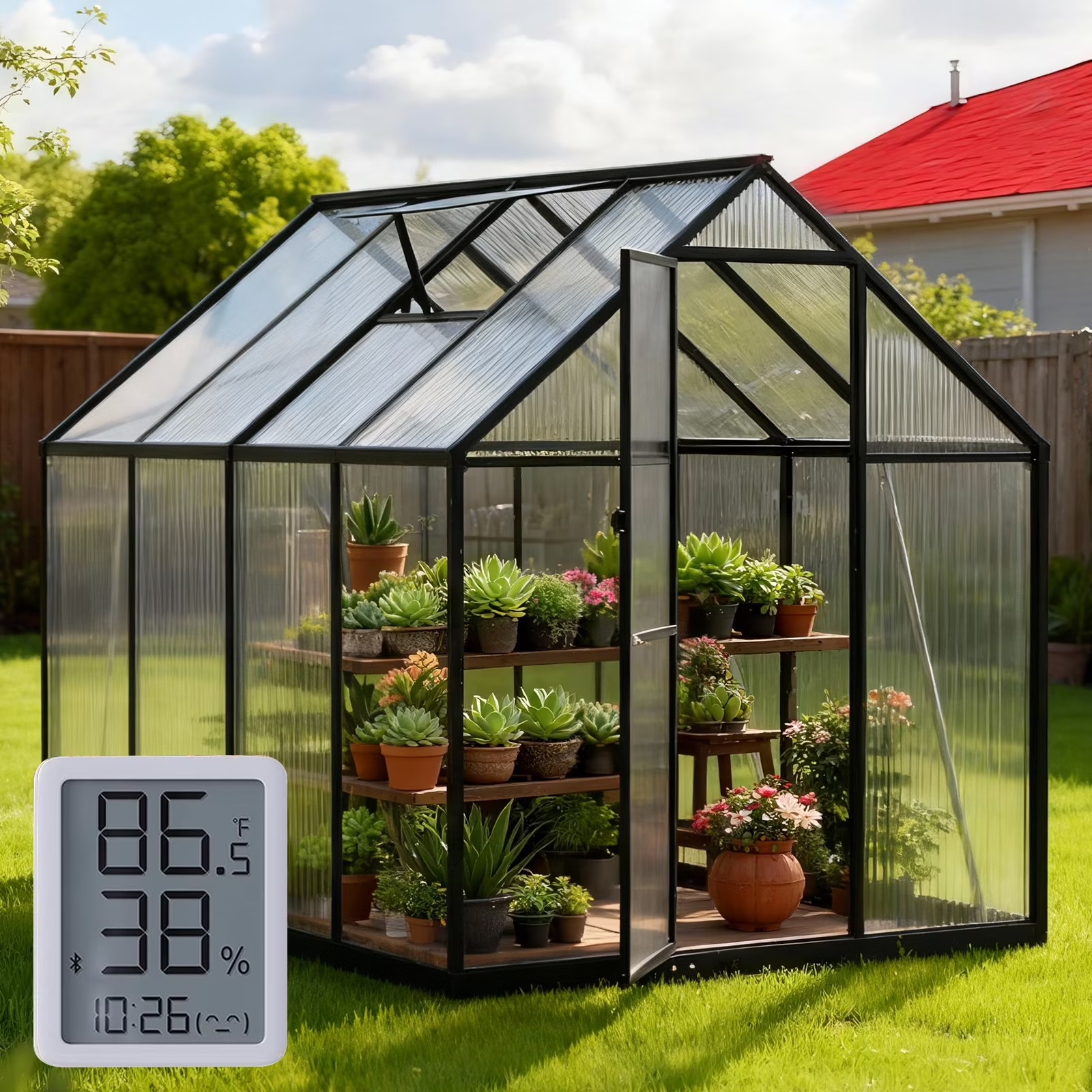 Sanerto 6x7.5FT Heavy-Duty Walk-in Outdoor Greenhouse, Reinforced Aluminum Frame, UV-Resistant Polycarbonate Panels, Built-in Thermometer & Hygrometer, All-Weather Garden Greenhouse