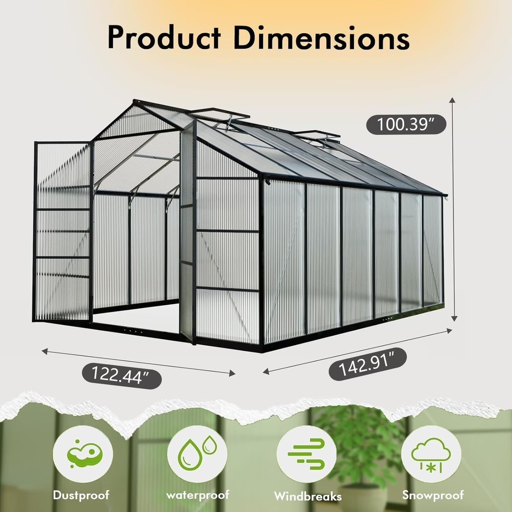 Sanerto 10x12FT Heavy-Duty Walk-in Outdoor Greenhouse, Reinforced Aluminum Frame, UV-Resistant Polycarbonate Panels, Built-in Thermometer & Hygrometer, All-Weather Garden Greenhouse