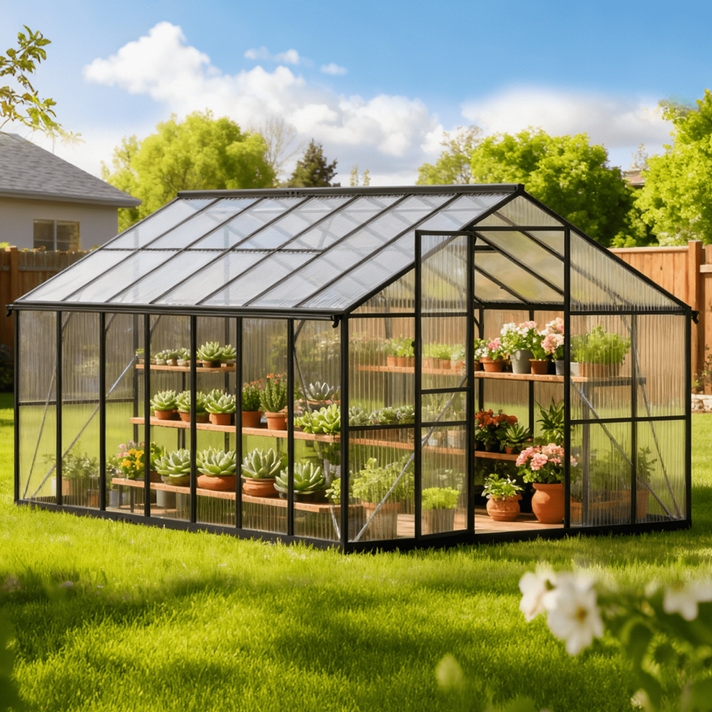 Sanerto 8x14FT Heavy-Duty Walk-in Outdoor Greenhouse for Garden, Reinforced Aluminum Frame, UV-Resistant Polycarbonate Panels, All-Weather Design for Winter Planting