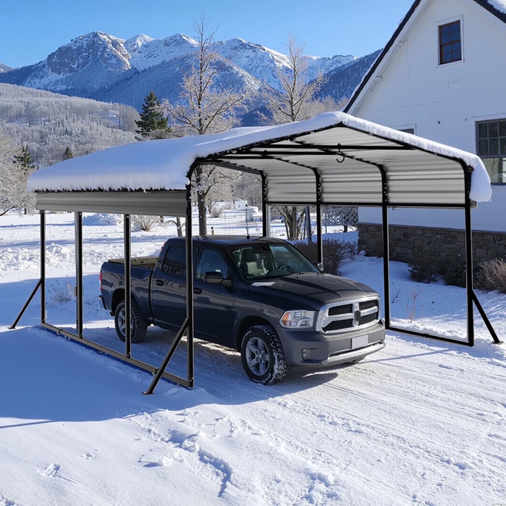 Sanerto 10x15FT Heavy Duty Metal Carport, Outdoor All-Weather Shelter with Iron Roof, Durable Canopy for Cars, Trucks, Boats & Equipment, Easy Quick Assembly