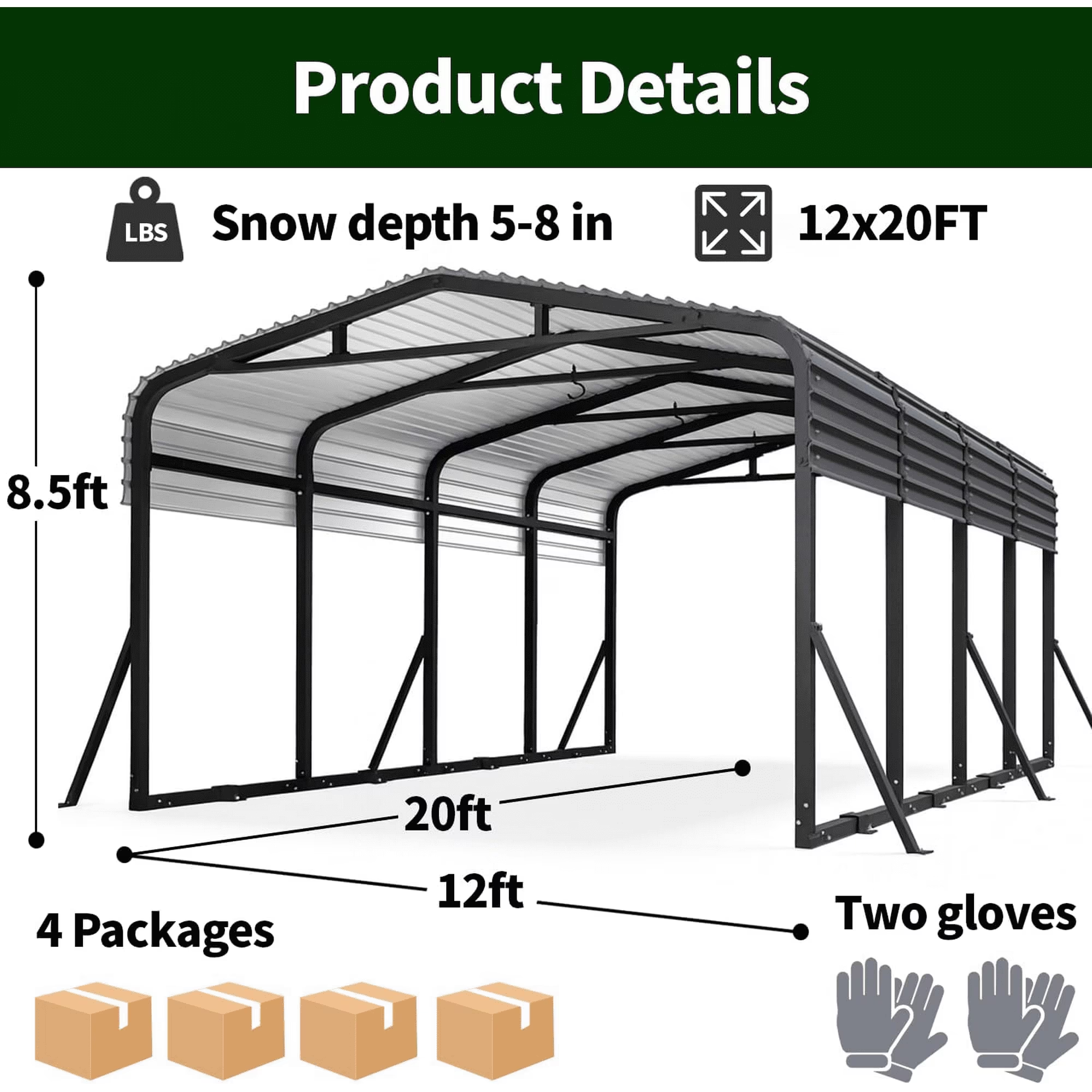 Sanerto 12x20FT Heavy Duty Metal Carport, Outdoor All-Weather Shelter with Iron Roof, Durable Canopy for Cars, Trucks, Boats & Equipment, Easy Quick Assembly