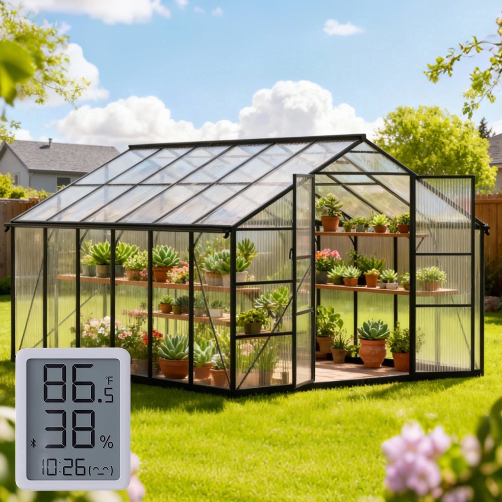 Sanerto 10x12FT Heavy-Duty Walk-in Outdoor Greenhouse, Reinforced Aluminum Frame, UV-Resistant Polycarbonate Panels, Built-in Thermometer & Hygrometer, All-Weather Garden Greenhouse