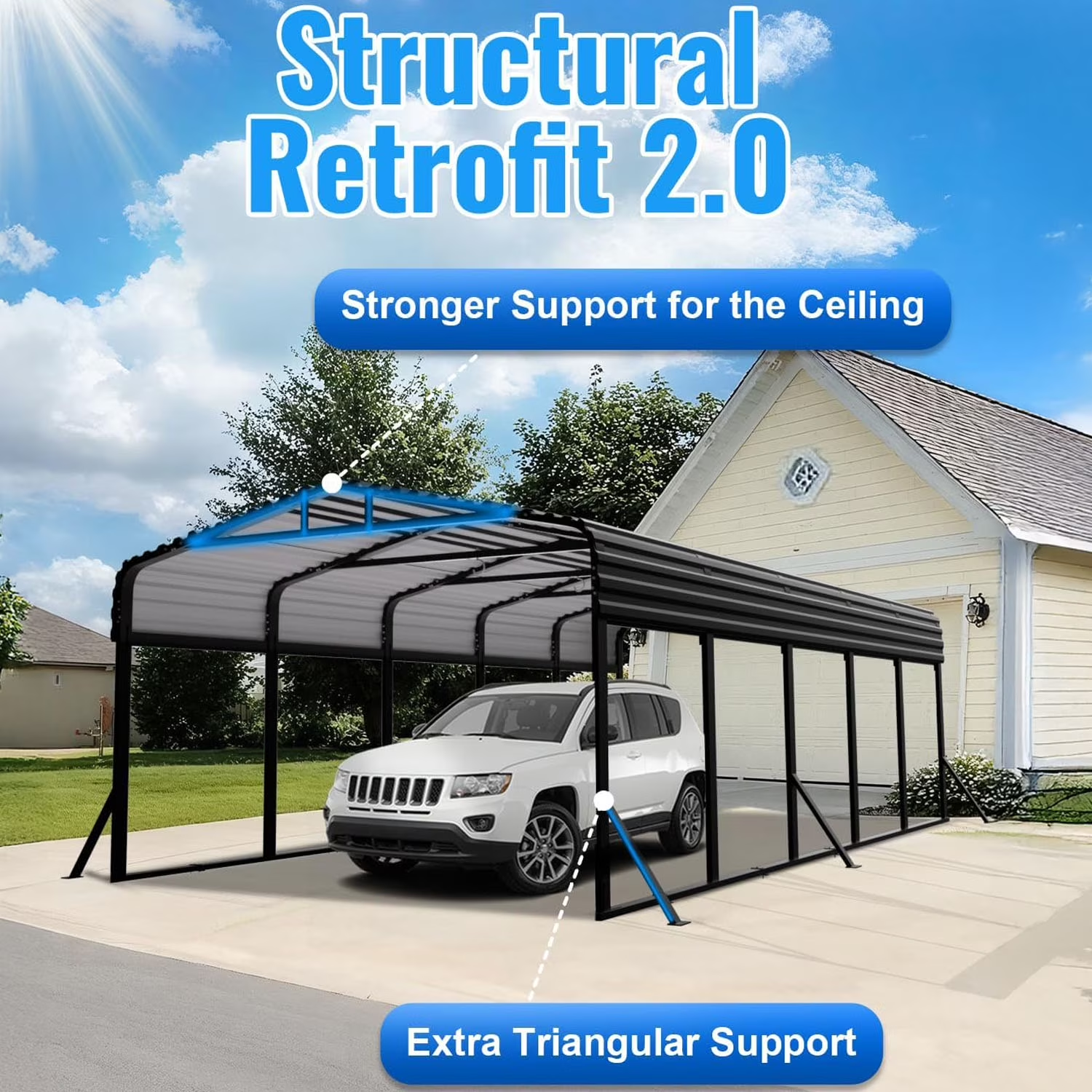 Sanerto 12x25FT Heavy Duty Metal Carport, Outdoor All-Weather Shelter with Iron Roof, Durable Canopy for Cars, Trucks, Boats & Equipment, Easy Quick Assembly