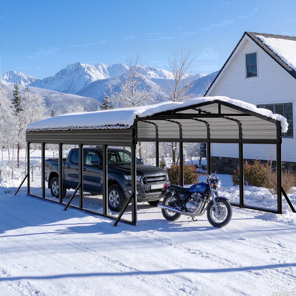 Sanerto 12x25FT Heavy Duty Metal Carport, Outdoor All-Weather Shelter with Iron Roof, Durable Canopy for Cars, Trucks, Boats & Equipment, Easy Quick Assembly