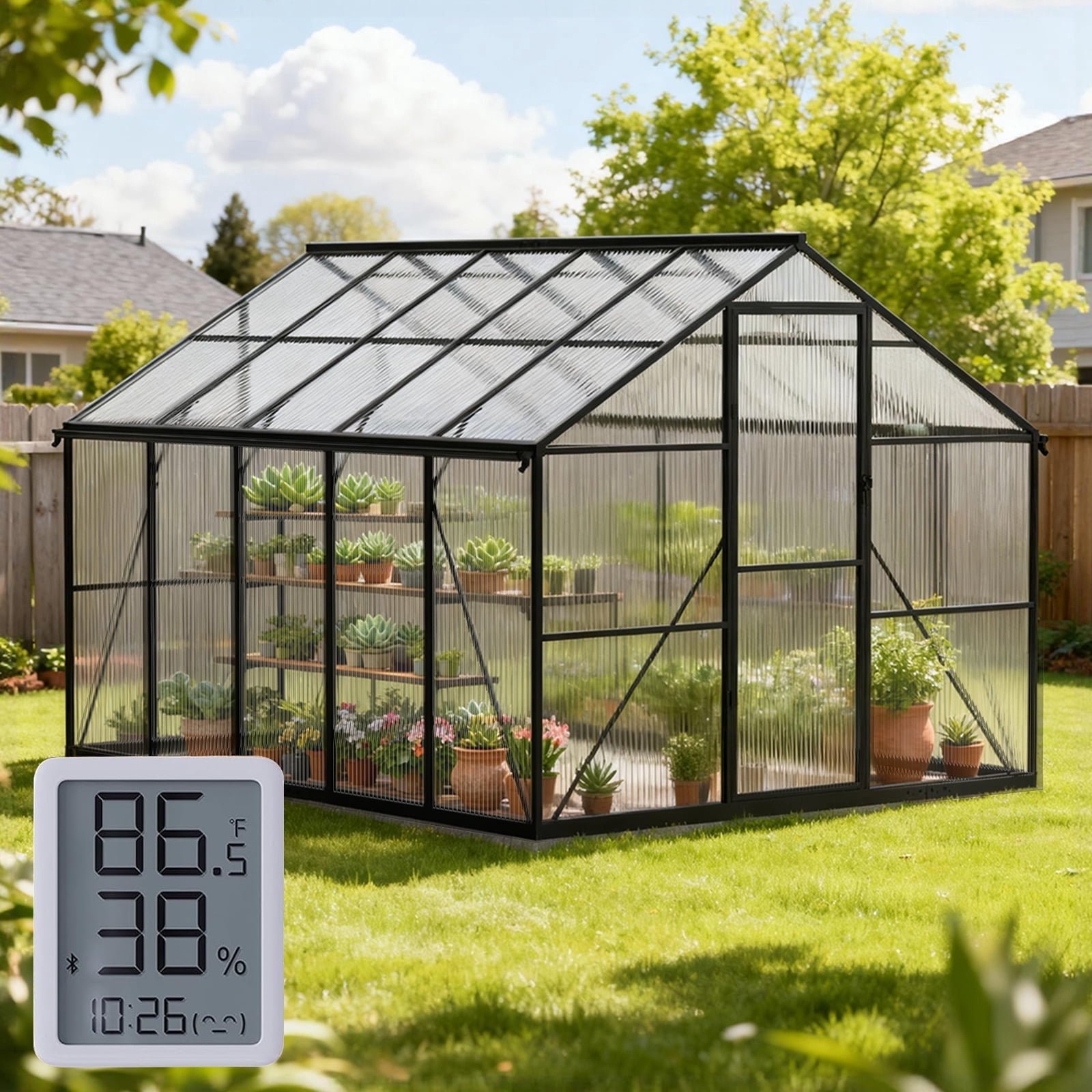 Sanerto 8x10FT Heavy-Duty Walk-in Outdoor Greenhouse, Reinforced Aluminum Frame, UV-Resistant Polycarbonate Panels, Built-in Thermometer & Hygrometer, All-Weather Garden Greenhouse