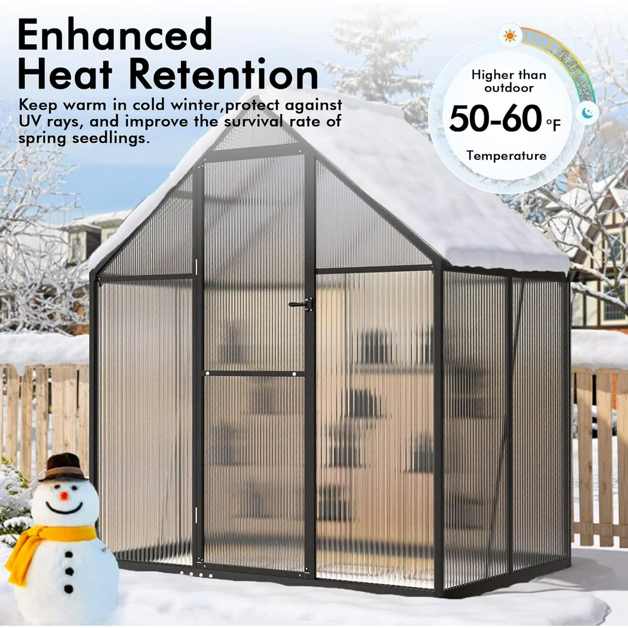 Sanerto 6x4FT Walk-in Outdoor Greenhouse for Garden Heavy-Duty，Reinforced Aluminum Frame, UV-Resistant Polycarbonate Panels, Built-in Thermometer & Hygrometer, All-Weather Durable Plant House