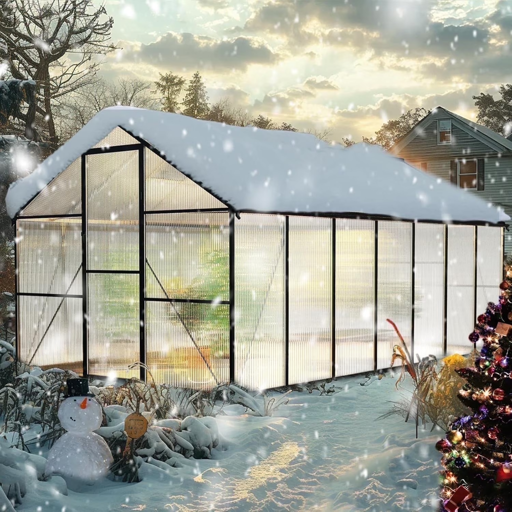 Sanerto 8x14FT Heavy-Duty Walk-in Outdoor Greenhouse for Garden, Reinforced Aluminum Frame, UV-Resistant Polycarbonate Panels, All-Weather Design for Winter Planting