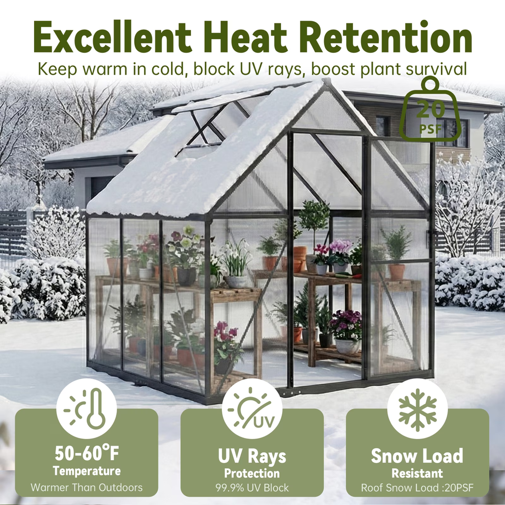 Sanerto 6x6ft Outdoor Walk-in Greenhouse with Thermometer Hygrometer, Heavy-Duty Polycarbonate Green House with Reinforced Aluminum Frame for Garden, Backyard, and Winter Planting