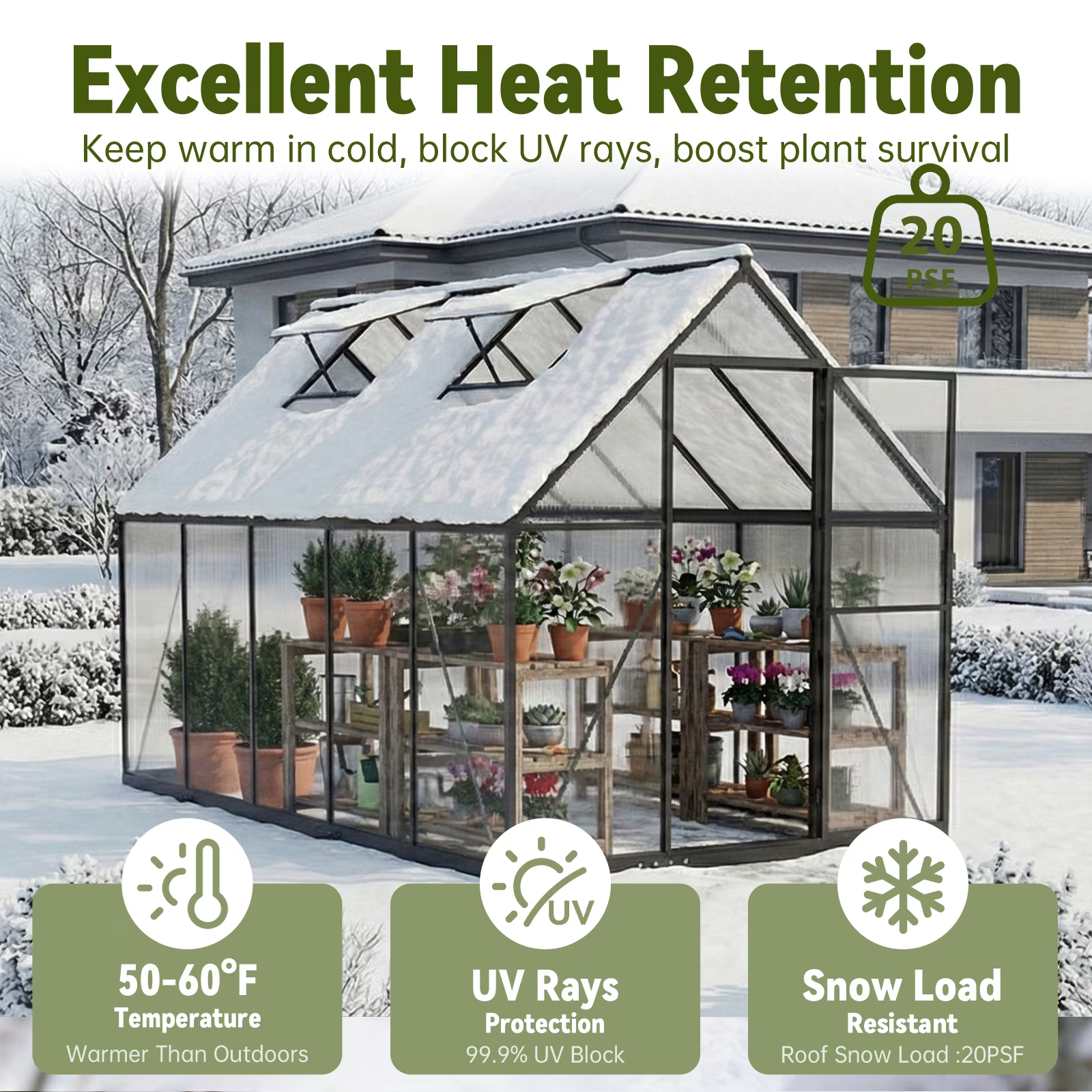 Sanerto 6x10ft Outdoor Walk-in Greenhouse with Thermometer Hygrometer, Heavy-Duty Polycarbonate Green House with Reinforced Aluminum Frame for Garden, Backyard, and Winter Planting