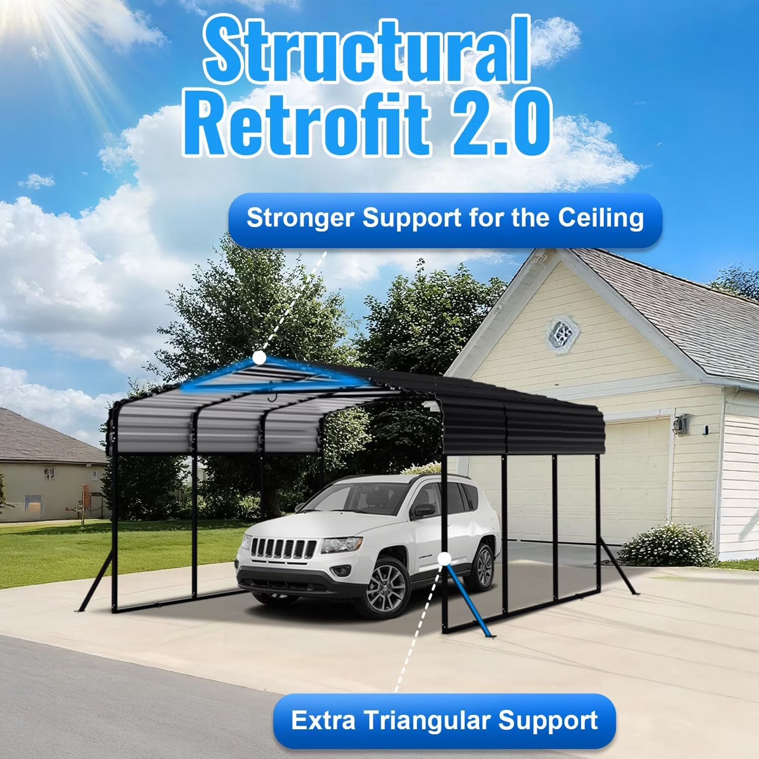 Sanerto 10x15FT Heavy Duty Metal Carport, Outdoor All-Weather Shelter with Iron Roof, Durable Canopy for Cars, Trucks, Boats & Equipment, Easy Quick Assembly