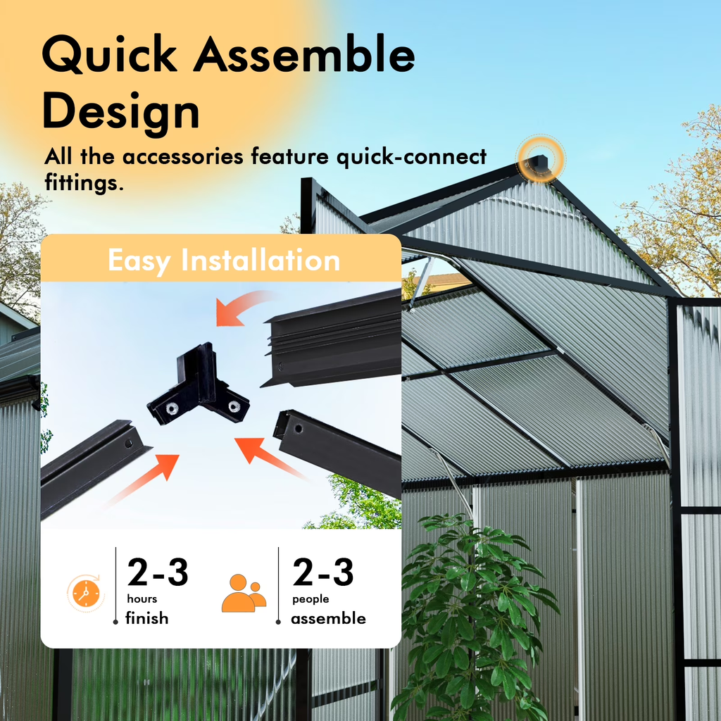 Sanerto 10x12FT Heavy-Duty Walk-in Outdoor Greenhouse, Reinforced Aluminum Frame, UV-Resistant Polycarbonate Panels, Built-in Thermometer & Hygrometer, All-Weather Garden Greenhouse
